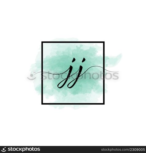Calligraphic lowercase letters J and J are written in a solid line on a colored background in a frame.