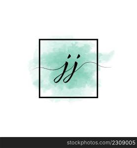 Calligraphic lowercase letters J and J are written in a solid line on a colored background in a frame.