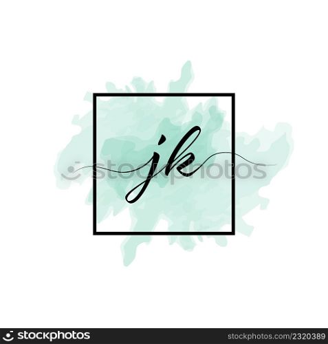 Calligraphic lowercase letters J and K are written in a solid line on a colored background in a frame.