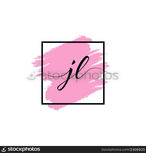 Calligraphic lowercase letters J and L are written in a solid line on a colored background in a frame.