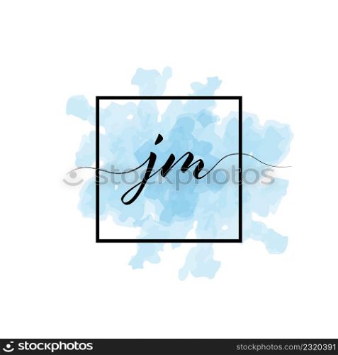 Calligraphic lowercase letters J and M are written in a solid line on a colored background in a frame.