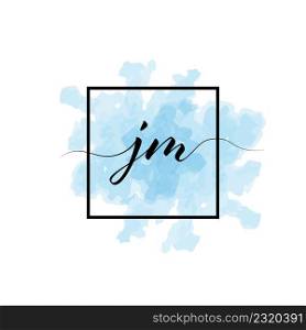 Calligraphic lowercase letters J and M are written in a solid line on a colored background in a frame.
