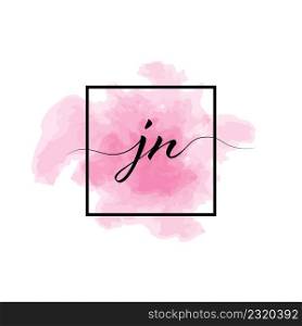 Calligraphic lowercase letters J and N are written in a solid line on a colored background in a frame.