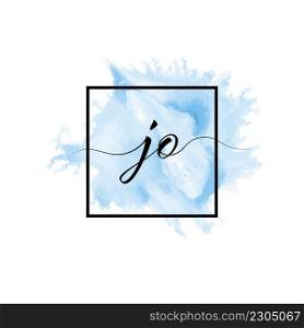 Calligraphic lowercase letters J and O are written in a solid line on a colored background in a frame.