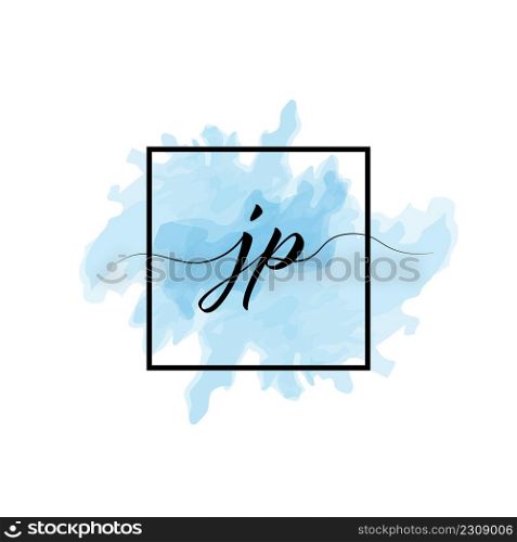 Calligraphic lowercase letters J and P are written in a solid line on a colored background in a frame.