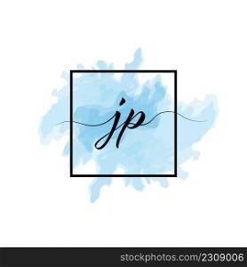 Calligraphic lowercase letters J and P are written in a solid line on a colored background in a frame.