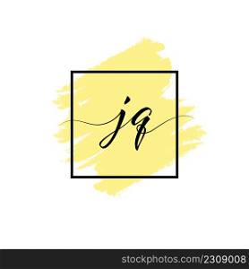 Calligraphic lowercase letters J and Q are written in a solid line on a colored background in a frame.
