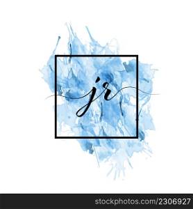 Calligraphic lowercase letters J and R are written in a solid line on a colored background in a frame.