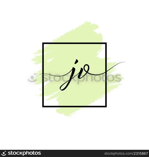 Calligraphic lowercase letters J and V are written in a solid line on a colored background in a frame.