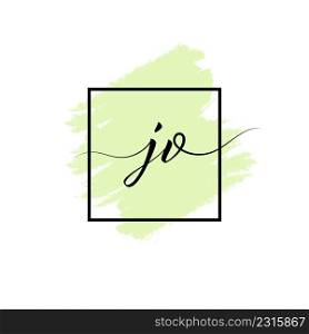 Calligraphic lowercase letters J and V are written in a solid line on a colored background in a frame.