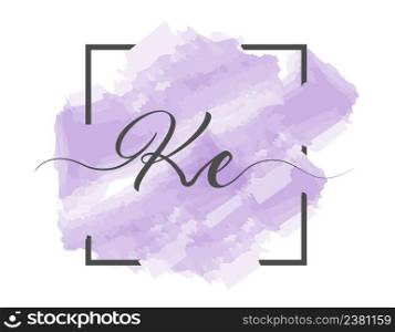 Calligraphic lowercase letters K and E are written in a solid line on a colored background in a frame.