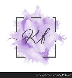 Calligraphic lowercase letters K and F are written in a solid line on a colored background in a frame.