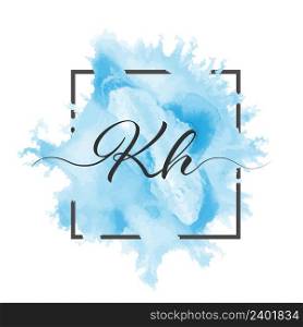 Calligraphic lowercase letters K and H are written in a solid line on a colored background in a frame.