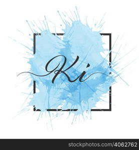 Calligraphic lowercase letters K and I are written in a solid line on a colored background in a frame.