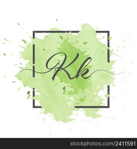 Calligraphic lowercase letters K and K are written in a solid line on a colored background in a frame.