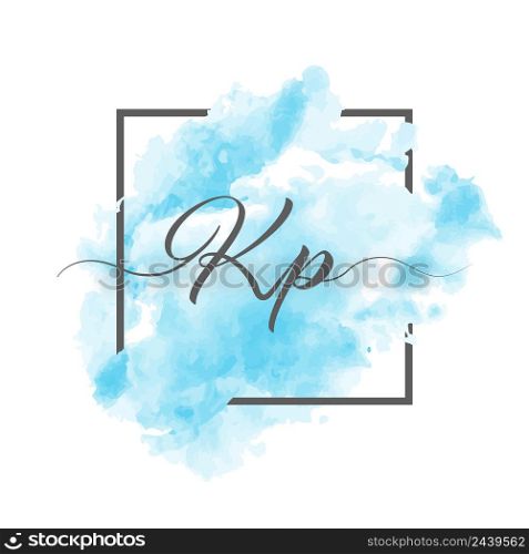 Calligraphic lowercase letters K and P are written in a solid line on a colored background in a frame.