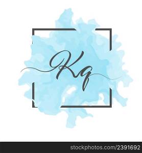 Calligraphic lowercase letters K and Q are written in a solid line on a colored background in a frame.