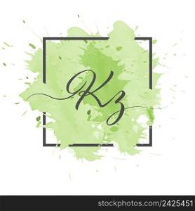 Calligraphic lowercase letters K and Z are written in a solid line on a colored background in a frame.