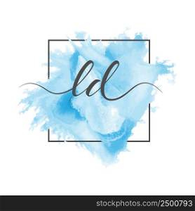 Calligraphic lowercase letters L and D are written in a solid line on a colored background in a frame