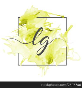 Calligraphic lowercase letters L and G are written in a solid line on a colored background in a frame