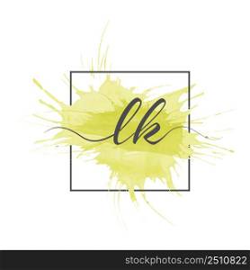 Calligraphic lowercase letters L and K are written in a solid line on a colored background in a frame