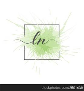 Calligraphic lowercase letters L and N are written in a solid line on a colored background in a frame