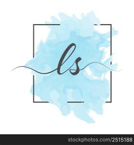 Calligraphic lowercase letters L and S are written in a solid line on a colored background in a frame