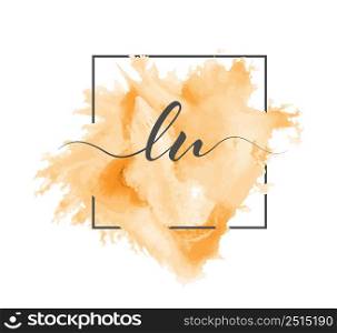 Calligraphic lowercase letters L and U are written in a solid line on a colored background in a frame