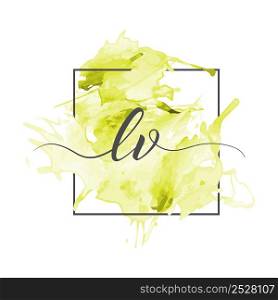 Calligraphic lowercase letters L and V are written in a solid line on a colored background in a frame