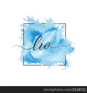 Calligraphic lowercase letters L and W are written in a solid line on a colored background in a frame
