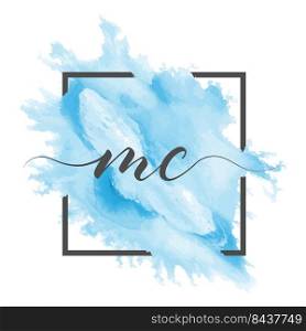 Calligraphic lowercase letters M and C are written in a solid line on a colored background in a frame