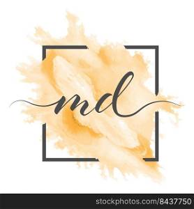 Calligraphic lowercase letters M and D are written in a solid line on a colored background in a frame