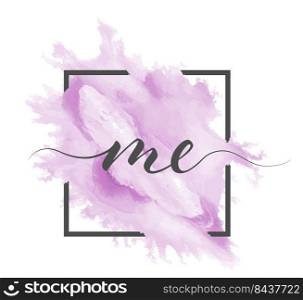 Calligraphic lowercase letters M and E are written in a solid line on a colored background in a frame