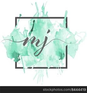 Calligraphic lowercase letters M and J are written in a solid line on a colored background in a frame