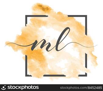Calligraphic lowercase letters M and L are written in a solid line on a colored background in a frame