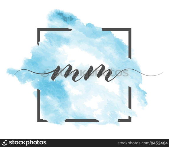 Calligraphic lowercase letters M and M are written in a solid line on a colored background in a frame