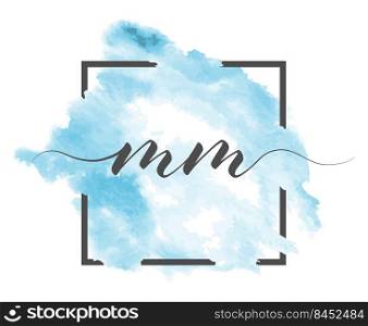 Calligraphic lowercase letters M and M are written in a solid line on a colored background in a frame