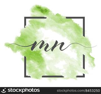 Calligraphic lowercase letters M and N are written in a solid line on a colored background in a frame