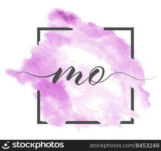 Calligraphic lowercase letters M and O are written in a solid line on a colored background in a frame