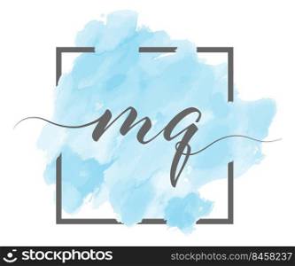 Calligraphic lowercase letters M and Q are written in a solid line on a colored background in a frame