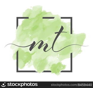 Calligraphic lowercase letters M and T are written in a solid line on a colored background in a frame