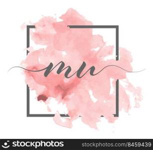 Calligraphic lowercase letters M and U are written in a solid line on a colored background in a frame