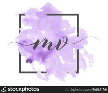 Calligraphic lowercase letters M and V are written in a solid line on a colored background in a frame