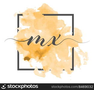 Calligraphic lowercase letters M and X are written in a solid line on a colored background in a frame