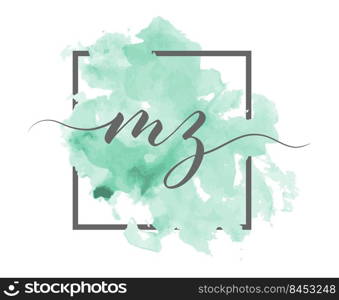 Calligraphic lowercase letters M and Z are written in a solid line on a colored background in a frame