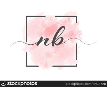 Calligraphic lowercase letters N and B are written in a solid line on a colored background in a frame