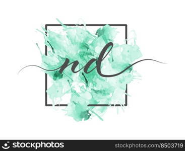 Calligraphic lowercase letters N and D are written in a solid line on a colored background in a frame
