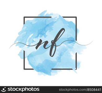 Calligraphic lowercase letters N and F are written in a solid line on a colored background in a frame