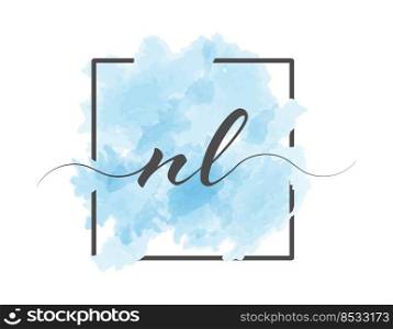 Calligraphic lowercase letters N and L are written in a solid line on a colored background in a frame