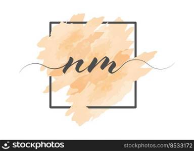 Calligraphic lowercase letters N and M are written in a solid line on a colored background in a frame